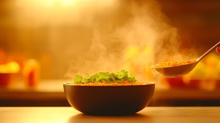 Hot Lentil Soup with Fresh Parsley, Steaming