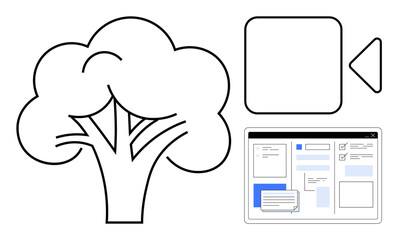 Tree silhouette next to a video interface and web layout. Ideal for digital connection, environment, sustainability, eco-tech, online collaboration, conservation, education. Simple flat metaphor