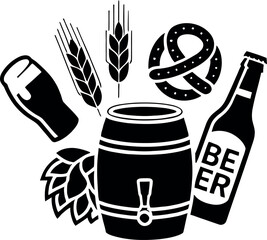 Black and white illustration of beer barrel hops barley pretzel and glass