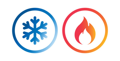 Hot and cold vector flat icon set isolated on white background. Snowflake and fire, flame gradient symbols in geometric line circle buttons for web and app.	