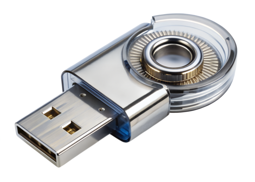 A sleek metallic usb flash drive with a transparent swivel mechanism isolated on transparent background