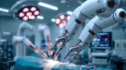 Surgical Robot: Precision in Healthcare. Advanced robotic arms performing surgery with accuracy. Cutting-edge medical technology for enhanced patient outcomes.