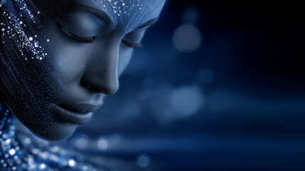 Futuristic Face Dissolving into Glowing Particles on Dark Background
