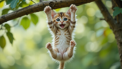 Playful Kitten Hanging from Tree Branch with Happy Expression, Cute Animal Photography