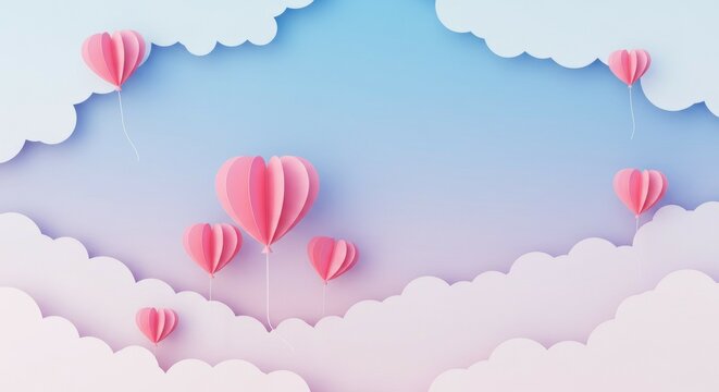 Floating Paper Heart Balloons in a Dreamy Cloudscape