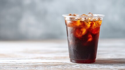 Iced coffee in a clear plastic cup. A refreshing, caffeinated beverage on a light wooden table, perfect for a hot day.