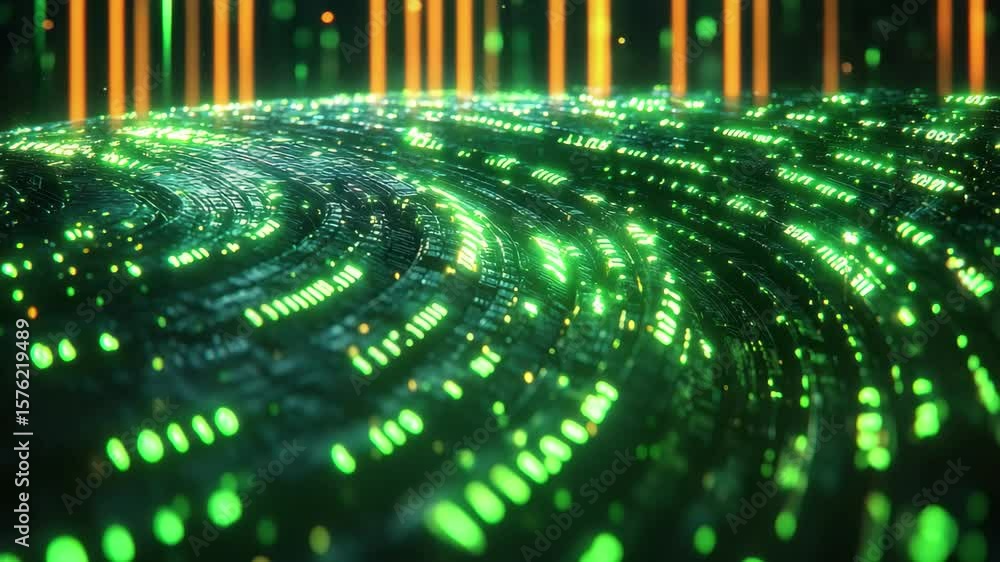 Poster green glowing data streams create a mesmerizing visual effect in a digital landscape at night