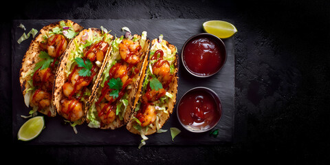 Creative food template. Close up of shrimp prawn tacos tortilla, with lettuce, basil, tomato ketchup dip sauce, lime wedges on dark slab plate. copy text space. flat lay top view
