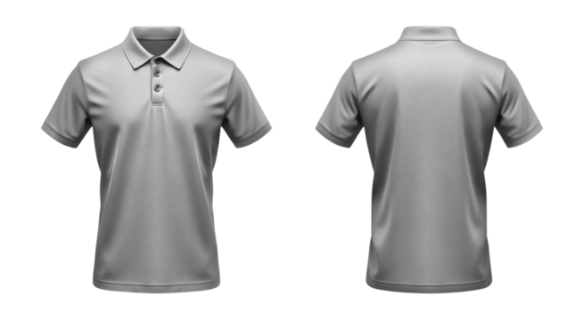 Gray short sleeve Polo t-shirt in front and back view, mockup isolated on transparent background