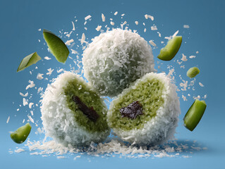 Klepon with green glutinous rice and coconut inside, exploded view