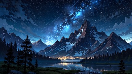 A vast landscape of majestic, towering mountains, their jagged peaks piercing the dark night sky. The heavens are a velvet canvas ablaze with countless twinkling stars