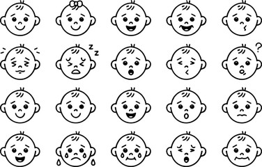 Collection of baby faces showing various emotions and expressions in a simple line art style