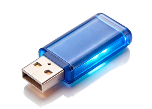A transparent blue usb flash drive with internal lighting, isolated on a transparent background