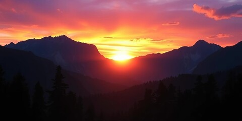 Fototapeta premium Dramatic sunset silhouette of majestic mountains and cypress trees against vibrant sky, scenic, landscape