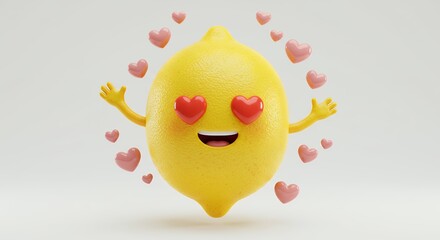 Smiling lemon with hearts cute cartoon food illustration