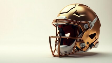 Fototapeta premium A gleaming gold football helmet rests on a pristine white surface, ready for the big game. Its metallic sheen and protective design evoke a sense of strength and competition.