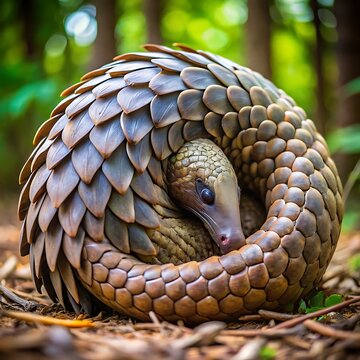 A pangolin curled up in a defensive posture in the forest