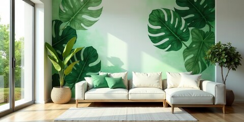 Serene Living Room with Lush Tropical Leaf Wall Decor and Modern Sectional Sofa