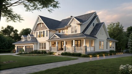 Beautiful Craftsman Style Family House with Cream Exterior and Front Porch