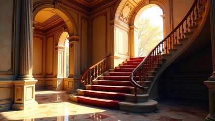 Fototapeta premium Elegant Grand Staircase with Red Carpet Runner in Sunlit Foyer