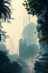 A futuristic cityscape surrounded by tropical foliage, showcasing towering, dome-shaped and high-tech buildings immersed in misty atmosphere, blending nature and advanced architectural design.