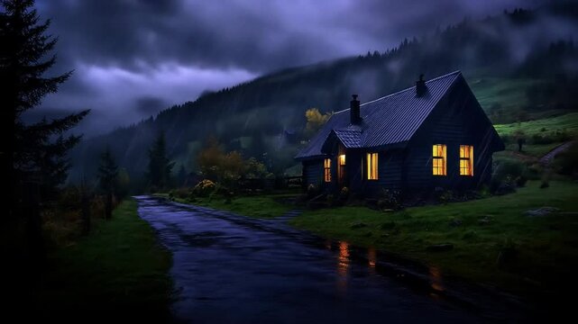 A secluded cabin with warm glowing windows stands beside a wet road amidst a dark rainy and misty mountain landscape at night