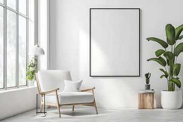 A bright and airy living room features a white armchair, a large blank poster, and a potted plant