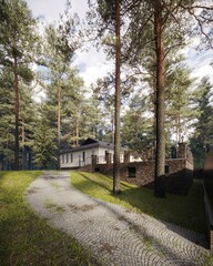 Beautiful countryside house surrounded by tall pine trees with a curved stone path leading to the entrance. Ideal for vacation or eco-living.