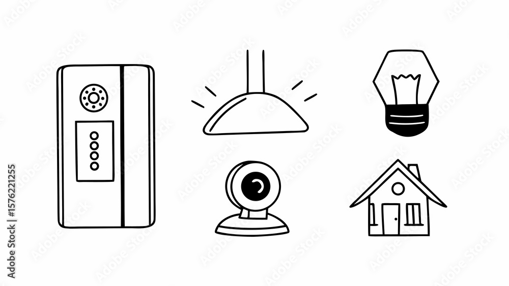 Poster a simple drawing of a smart home setup with a server, lights, camera, and house icon on white create