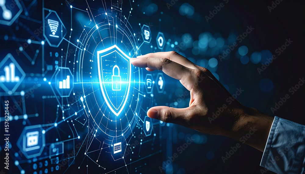 Poster cybersecurity shield: a hand interacts with a digital shield icon, symbolizing data protection and o