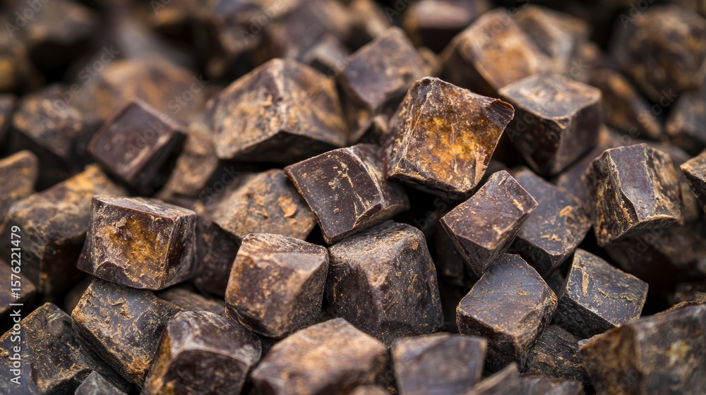 Poster close-up of a pile of dark brown, cube-shaped cocoa nibs.