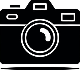 Simple black and white icon of a vintage camera with a lens