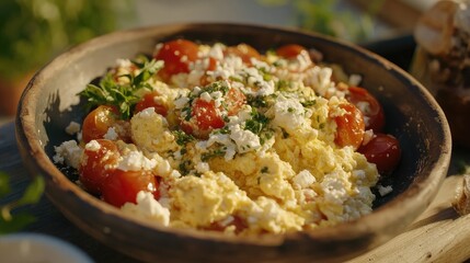 Strapatsada, eggs scrambled with bread, tomatoes and feta cheese. Greek breakfast