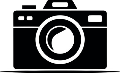 Simple black and white icon of a modern digital camera with a lens