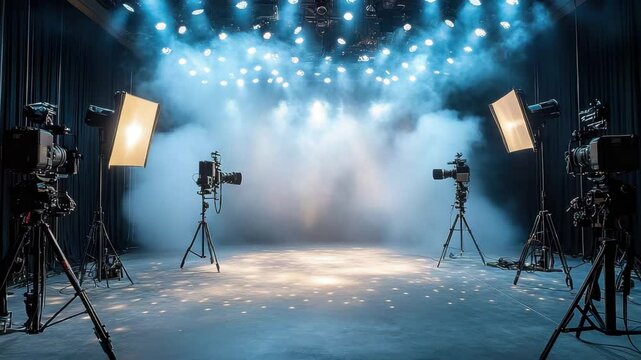 Professional filming set with multiple cameras and dramatic lighting in a studio environment
