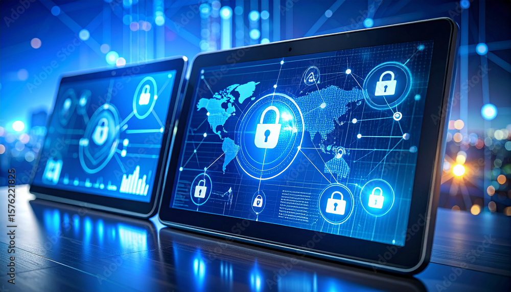 Poster cybersecurity tablet display: a high-tech tablet displays digital security encryption, highlighting 