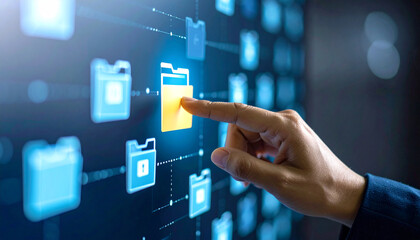 Data Access at Your Fingertips: A close-up view captures a hand interacting with a virtual interface, highlighting the ease of accessing and managing digital data in a modern digital world.