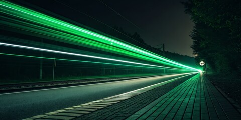 Green Light Trails Metro Station at Night, Long Exposure, Abstract Art