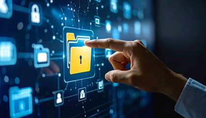 Data Security: A hand interacts with a digital display showcasing a secure file icon, emphasizing data protection and safeguarding sensitive information within a network environment. 