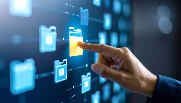 Data Access at Your Fingertips: A close-up view captures a hand interacting with a virtual interface, highlighting the ease of accessing and managing digital data in a modern digital world.