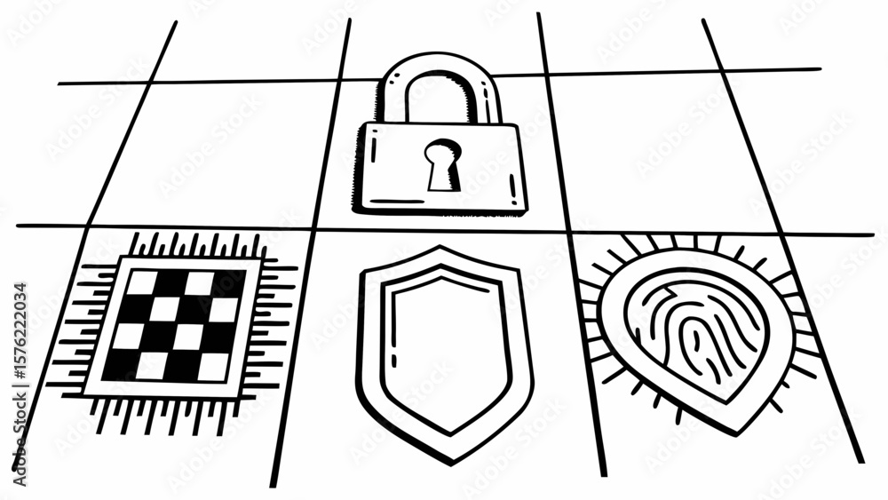 Poster security grid featuring padlock, shield, fingerprint and checkerboard pattern for data protection fo