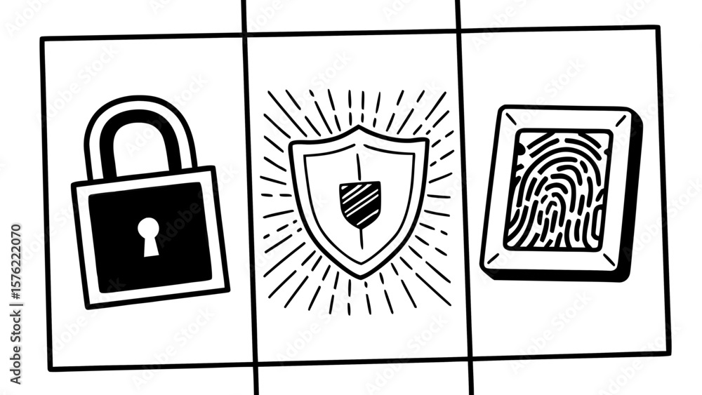 Poster illustration of security icons in separate frames including a lock shield and fingerprint scan icon 