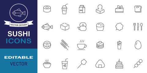 Sushi icon set in line style. Included icons as food delivery, restaurant, dining utensils and more symbol collection. Set of 24 icons related to sushi. Vector illustration.