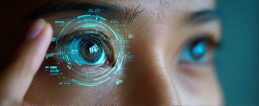 A woman is looking at a computer screen with a blue eye. The eye is surrounded by a circle of blue and white pixels. The woman's hand is hovering over the eye, as if she is about to touch it