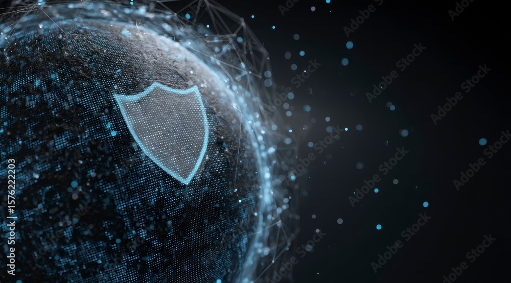 Poster a blue sphere with a shield on it. the shield is surrounded by a lot of dots. concept of security an