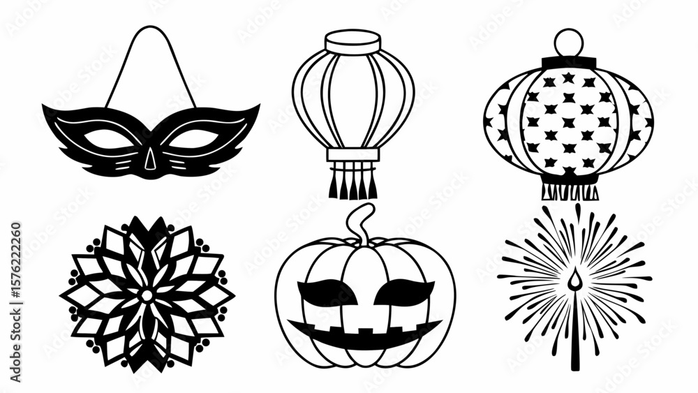 Poster collection of holiday themed icons including a mask lanterns pumpkin snowflake and fireworks design 