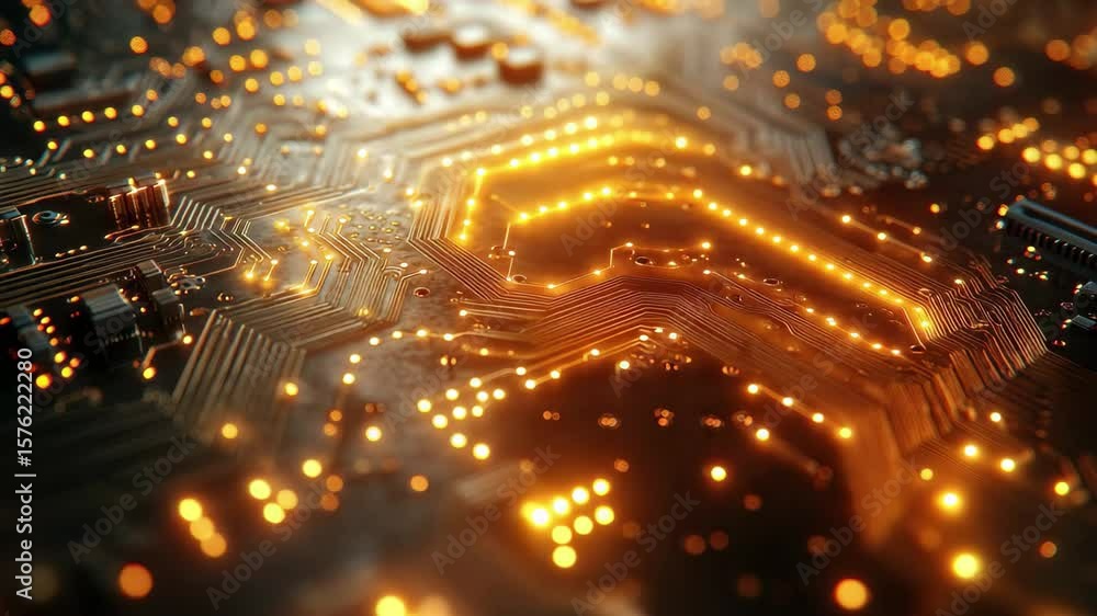 Poster intricate patterns and glowing lights on a circuit board showcase advanced technology in action