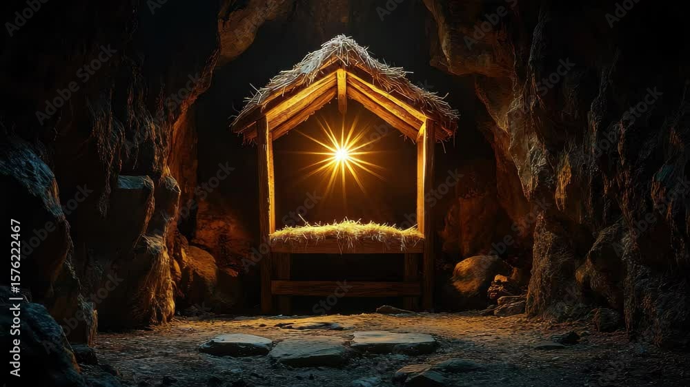 Poster a serene cave setting with a beautifully illuminated stable and glowing light at the center, creatin