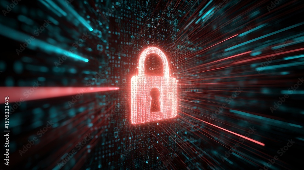 Poster a red and blue image of a lock with a key in it. the lock is surrounded by a blurry background of co