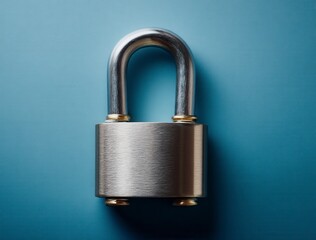 Naklejka premium A silver lock with a gold trim sits on a blue surface. The lock is closed and he is in good condition